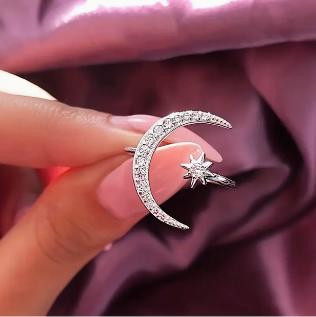 Moon & Star Diamond Ring in Silver