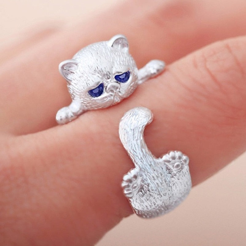 Handmade Silver Cat Ring with Blue Cubic Zirconia