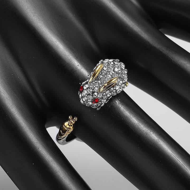 LEORA - Elegant Adjustable Silver Ring with Cute Bunny & Carrot, Adorned with Sparkling Crystals