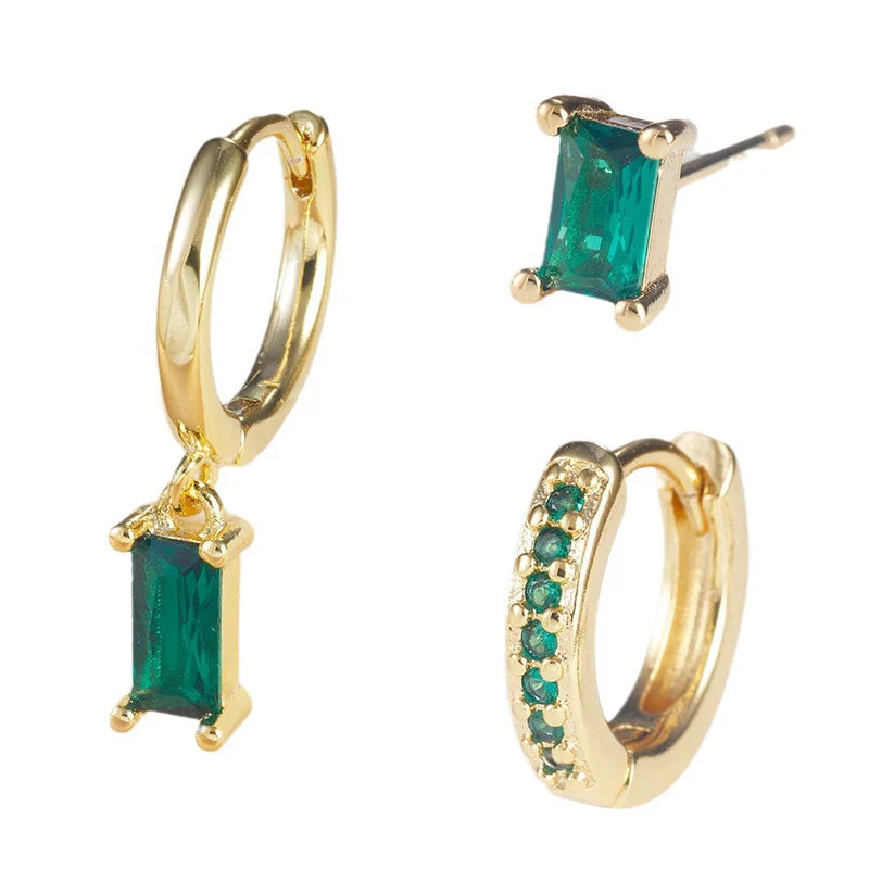 Emerald Green Geometric Zircon Gold Earrings