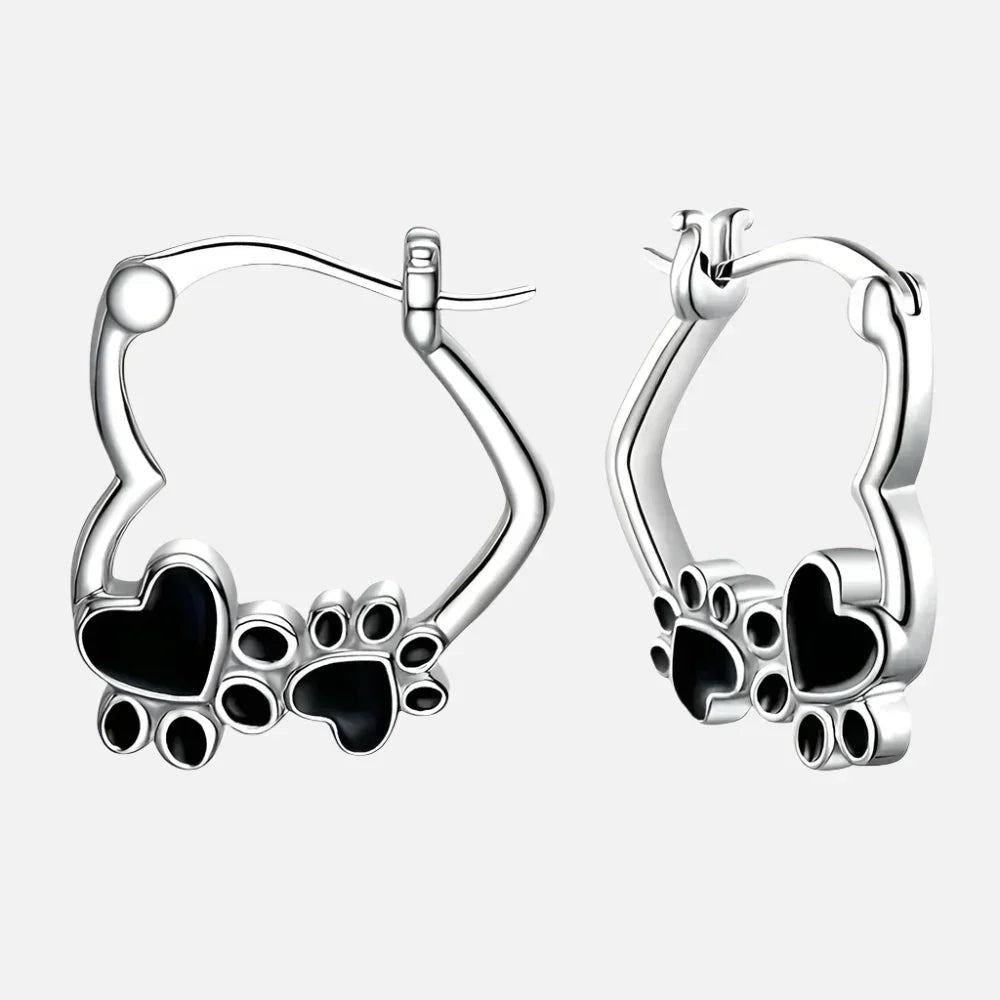 NOVA β Elegant Huggie Earrings with Heart & Paw in Silver Look and Black Enamel for a Stylish Appearance