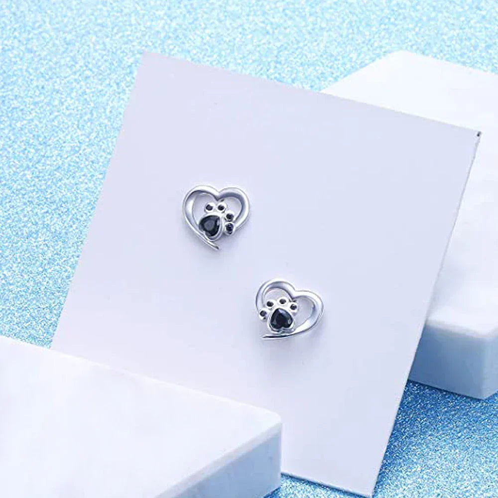 NORA β Elegant Heart-Paw Stud Earrings with Sparkling Black Crystal for Stylish Accents