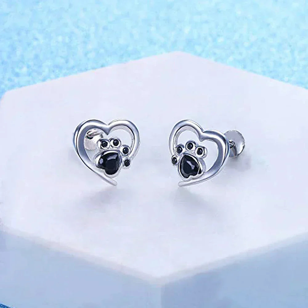 NORA β Elegant Heart-Paw Stud Earrings with Sparkling Black Crystal for Stylish Accents