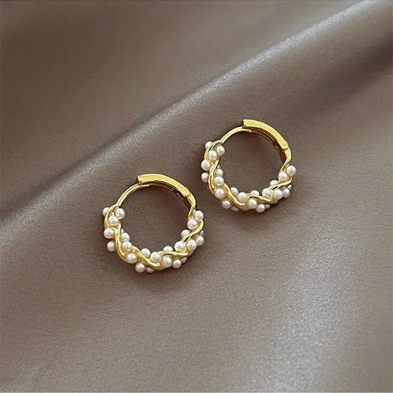 Elegant Round Pearl Earrings with Inlays