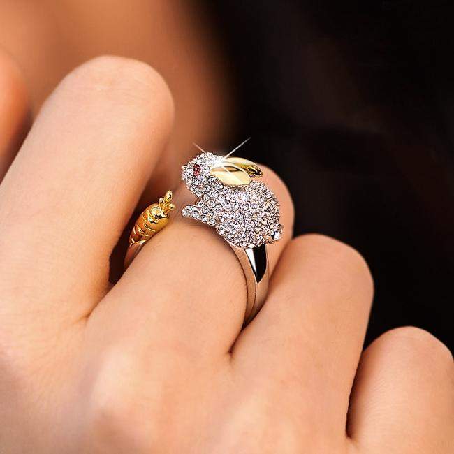 LEORA - Elegant Adjustable Silver Ring with Cute Bunny & Carrot, Adorned with Sparkling Crystals