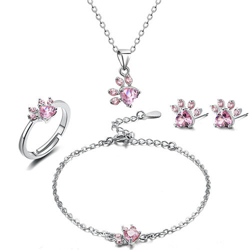 Elegant TALINA 4-Piece Rose Gold Jewelry Set with Paw & Zirconia Heart - Perfect Gift for Animal Lovers