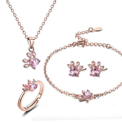 Elegant TALINA 4-Piece Rose Gold Jewelry Set with Paw & Zirconia Heart - Perfect Gift for Animal Lovers