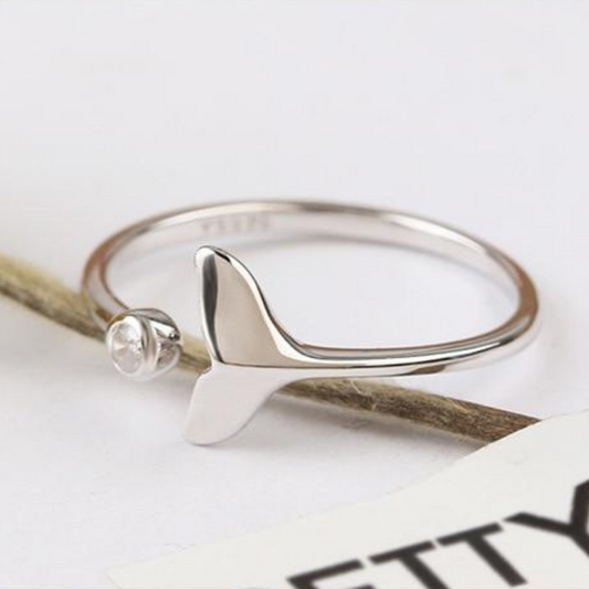 Adjustable Silver Ring with Zircons and Dolphin Tail