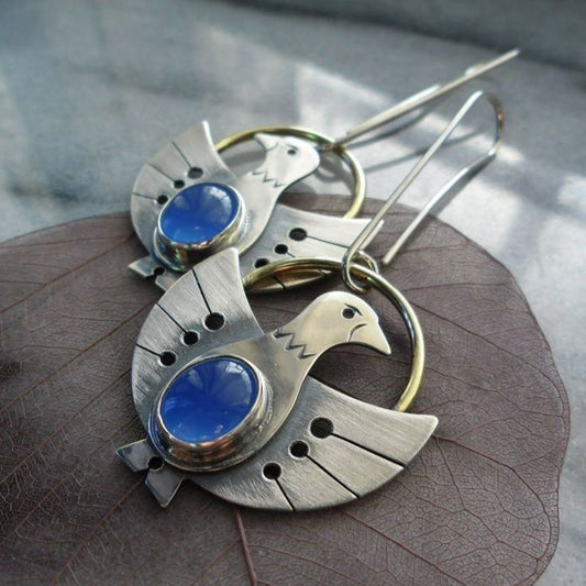 LIVIAI – Elegant Vintage Bird Earrings in Silver with Sparkling Blue Crystal