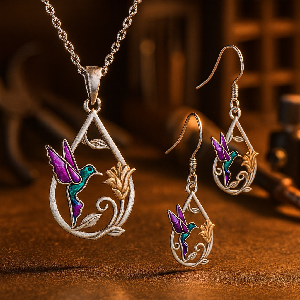 Whimsical Hummingbird Necklace & Earring Set