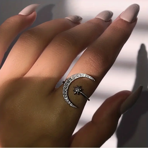 Moon & Star Diamond Ring in Silver