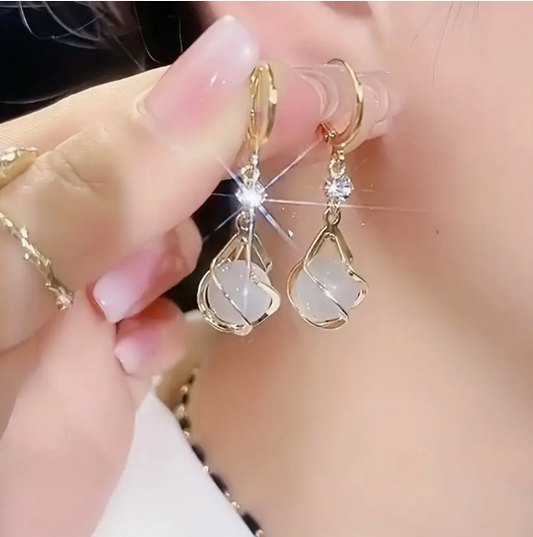 Moonstone Opal Vintage Earrings Set in Gold