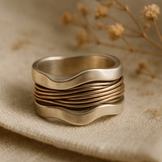Silver Forged Ring with Angel Hair in Gold