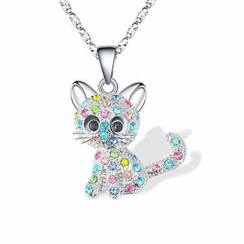 Elegant Silver Necklace with Cute Kittens and Colorful Zirconia - Feline