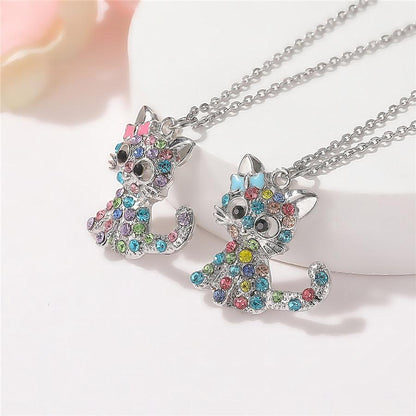 Elegant Silver Necklace with Cute Kittens and Colorful Zirconia - Feline