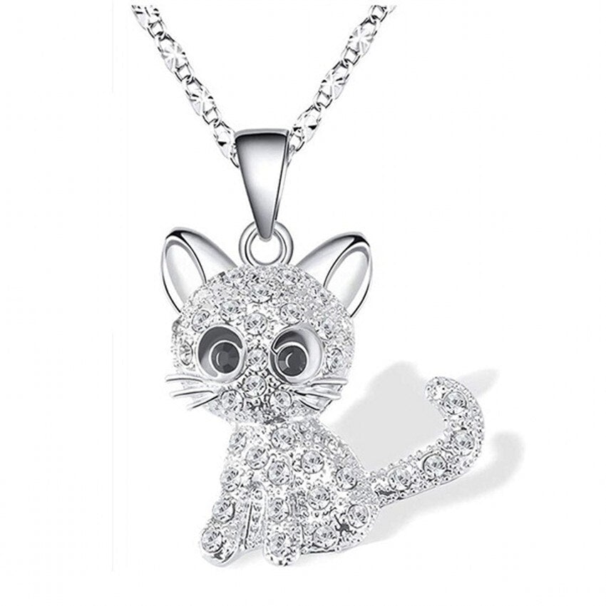 Elegant Silver Necklace with Cute Kittens and Colorful Zirconia - Feline