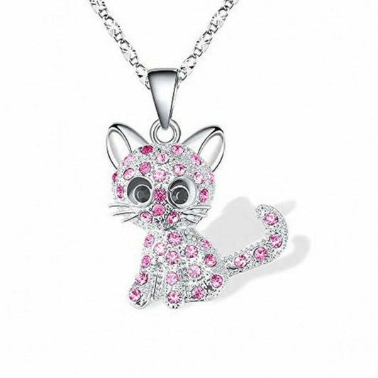 Elegant Silver Necklace with Cute Kittens and Colorful Zirconia - Feline