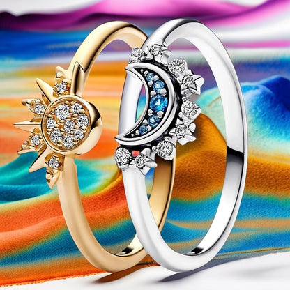 Sparkling Moon-Sun Silver Crystal Ring