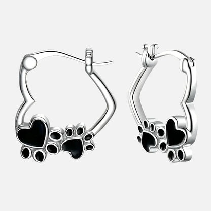 NOVA – Elegant Huggie Earrings with Heart & Paw in Silver Look and Black Enamel for a Stylish Appearance