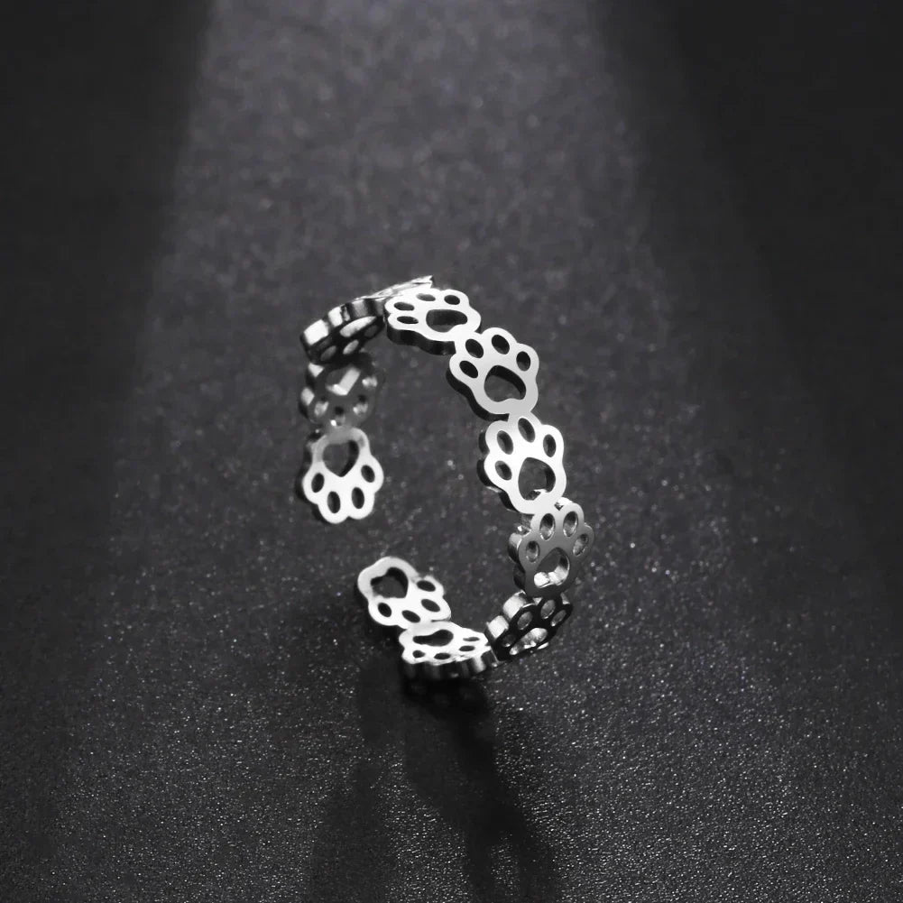 Adjustable Stainless Steel Paw Print Tattoo Ring – Stylish Jewelry for Animal Lovers