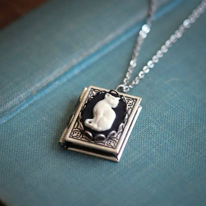 Whimsical Cat Book Pendant Necklace