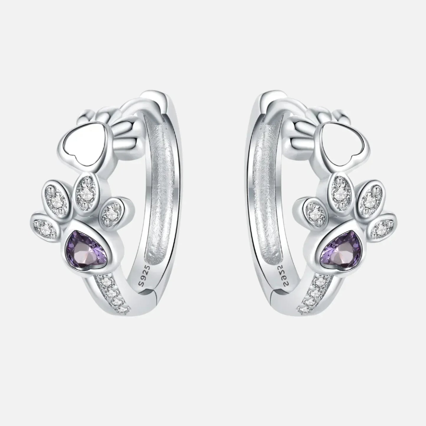 Elegant ILLA Paw Huggie Earrings made of 925 Sterling Silver with Sparkling Zirconia and Heart Stone