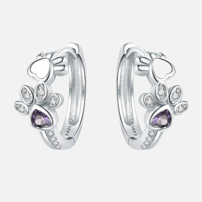 Elegant ILLA Paw Huggie Earrings made of 925 Sterling Silver with Sparkling Zirconia and Heart Stone