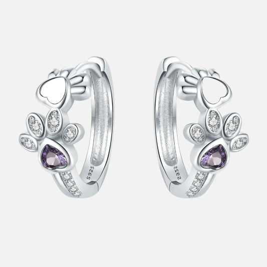 Elegant ILLA Paw Huggie Earrings made of 925 Sterling Silver with Sparkling Zirconia and Heart Stone