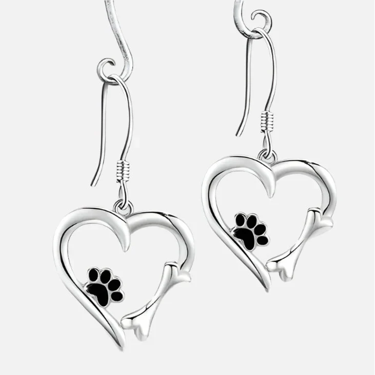 Elegant Silver Drop Earrings with Charming Heart, Sweet Paw, and Bone Design