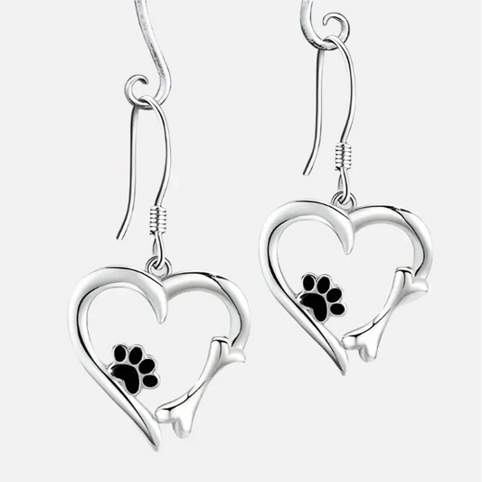Elegant Silver Drop Earrings with Charming Heart, Sweet Paw, and Bone Design
