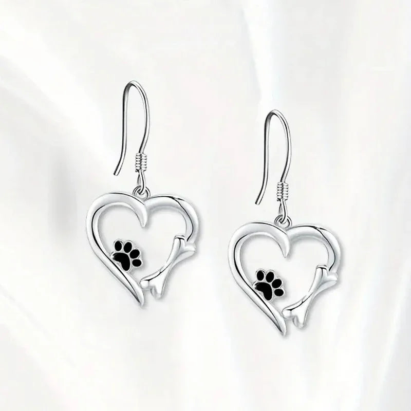 Elegant Silver Drop Earrings with Charming Heart, Sweet Paw, and Bone Design