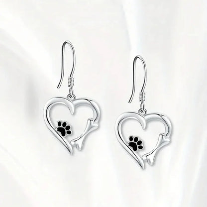 Elegant Silver Drop Earrings with Charming Heart, Sweet Paw, and Bone Design