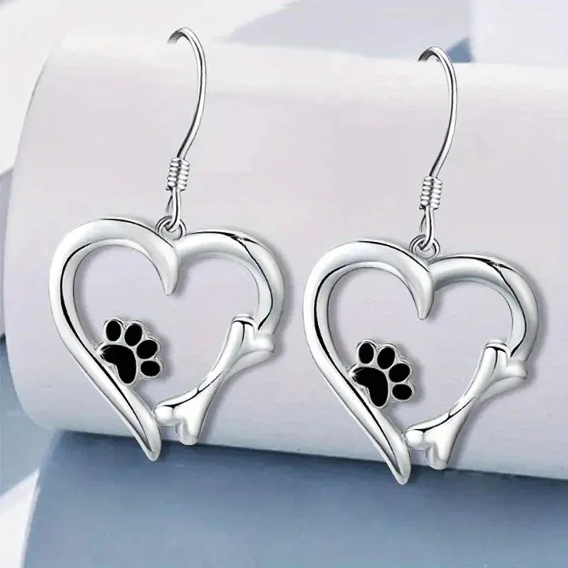 Elegant Silver Drop Earrings with Charming Heart, Sweet Paw, and Bone Design