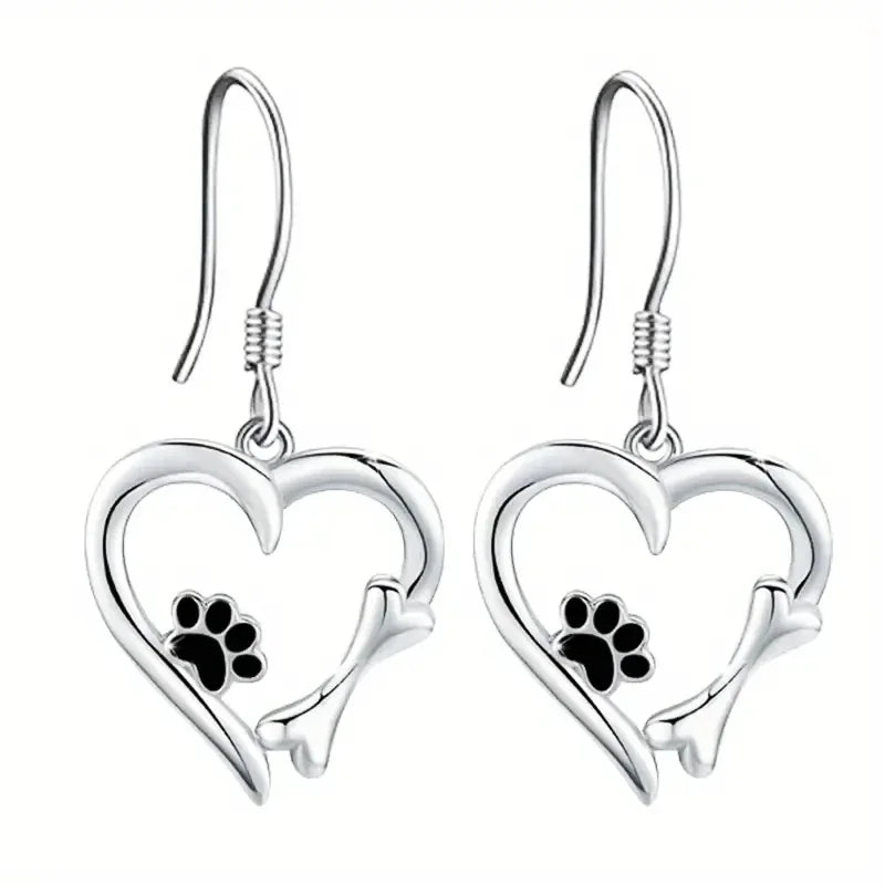 Elegant Silver Drop Earrings with Charming Heart, Sweet Paw, and Bone Design