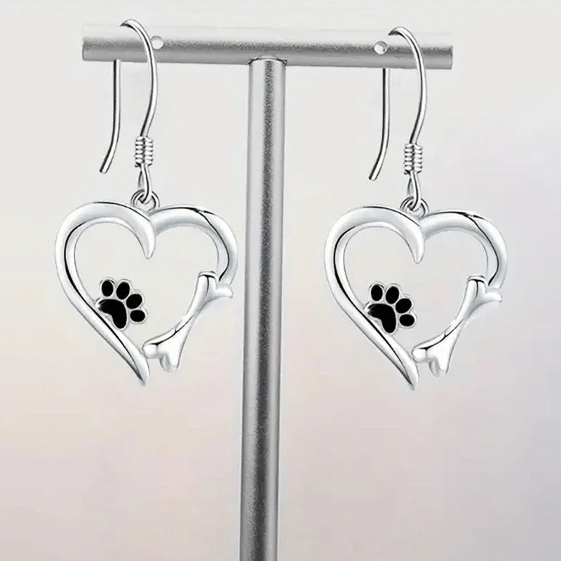 Elegant Silver Drop Earrings with Charming Heart, Sweet Paw, and Bone Design