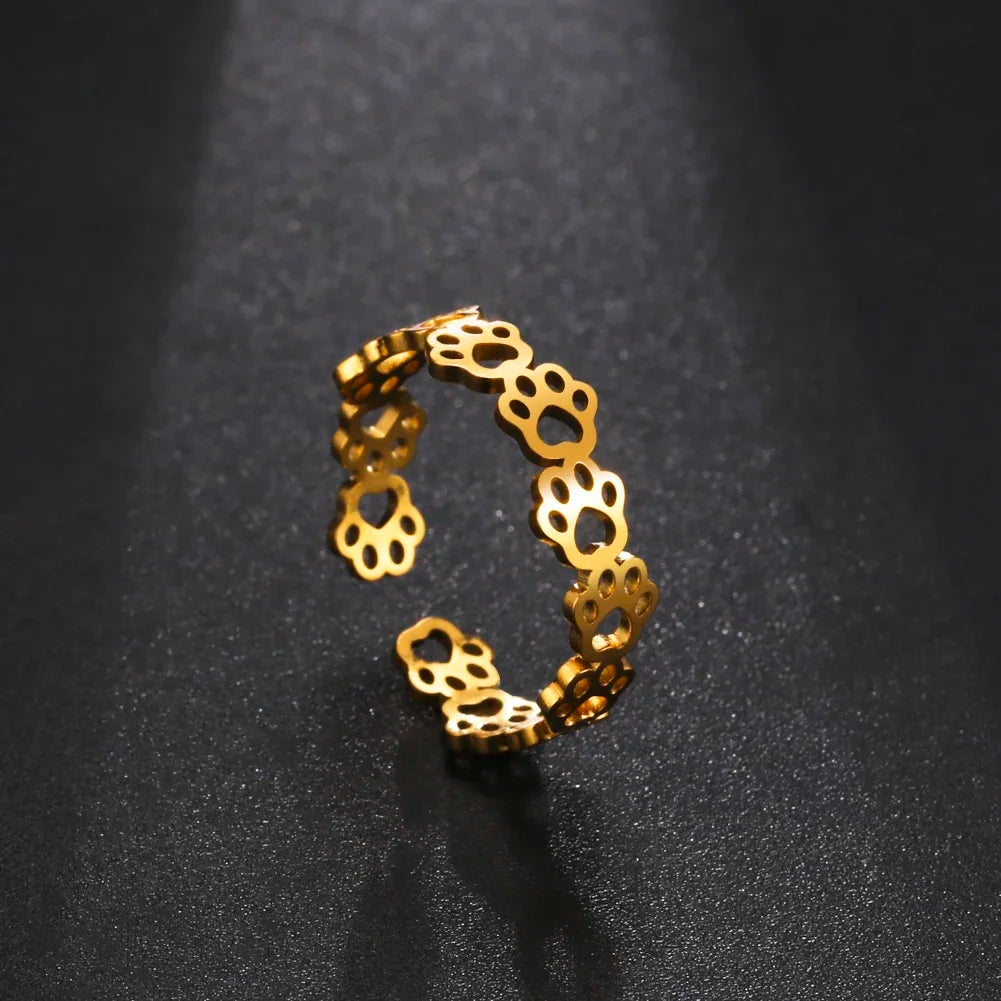 Adjustable Stainless Steel Paw Print Tattoo Ring – Stylish Jewelry for Animal Lovers