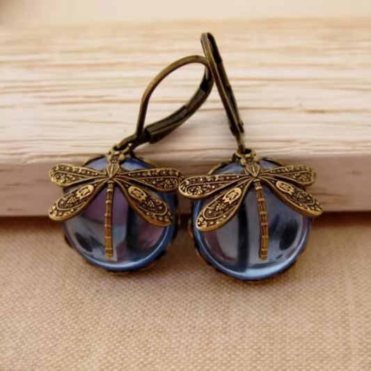 Elegant Vintage Crystal Dragonfly Earrings in Antique Gold – Amelya, timelessly beautiful and unique