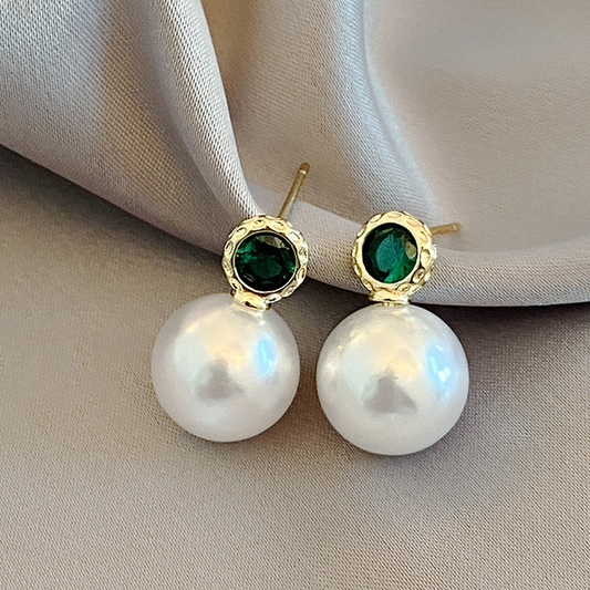 Pearl Earrings with Green Crystal