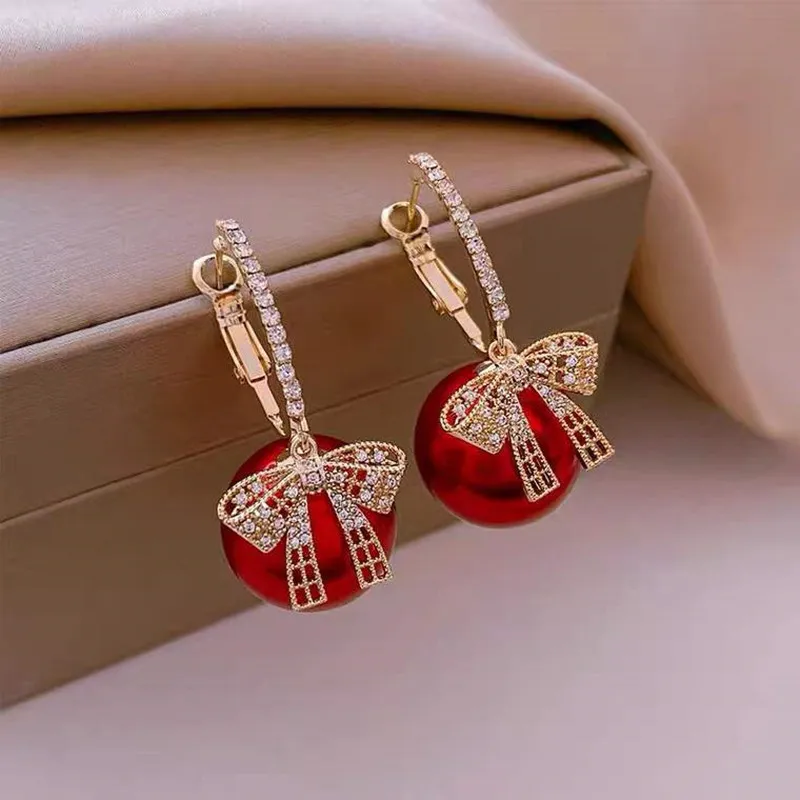 Elegant Tie Red Pearl Earrings