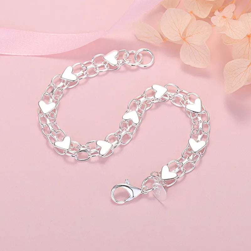 Silver Chain Bracelet with Hearts