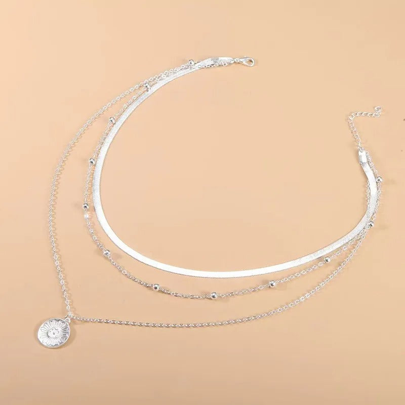 Three-Layered Round Silver Necklace