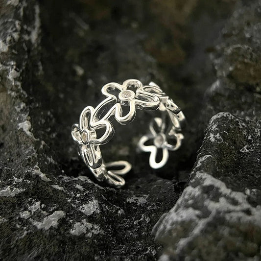 Adjustable Vintage Silver Ring with Flower