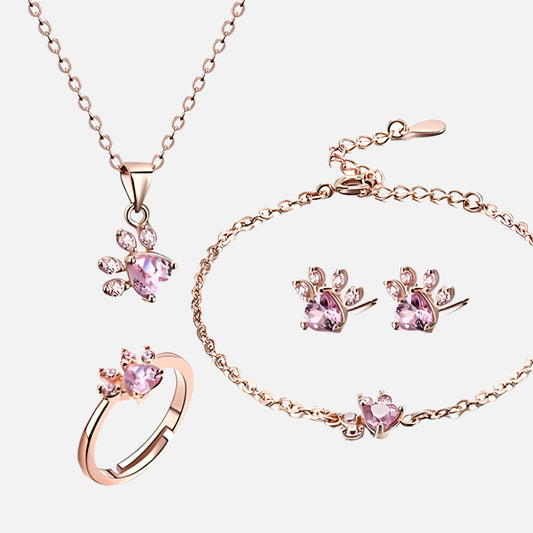 Elegant TALINA 4-Piece Rose Gold Jewelry Set with Paw & Zirconia Heart - Perfect Gift for Animal Lovers