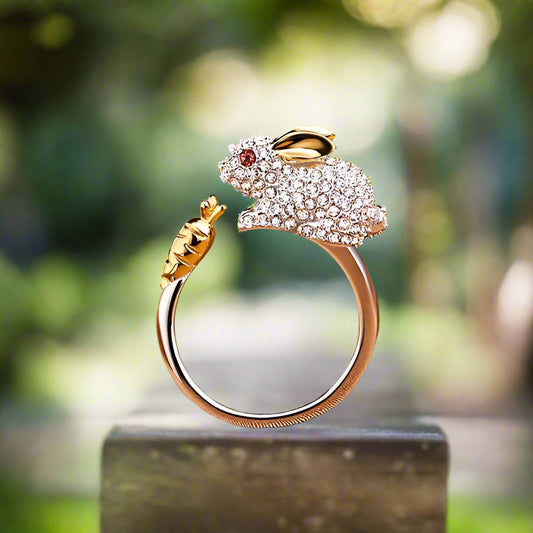 LEORA - Elegant Adjustable Silver Ring with Cute Bunny & Carrot, Adorned with Sparkling Crystals