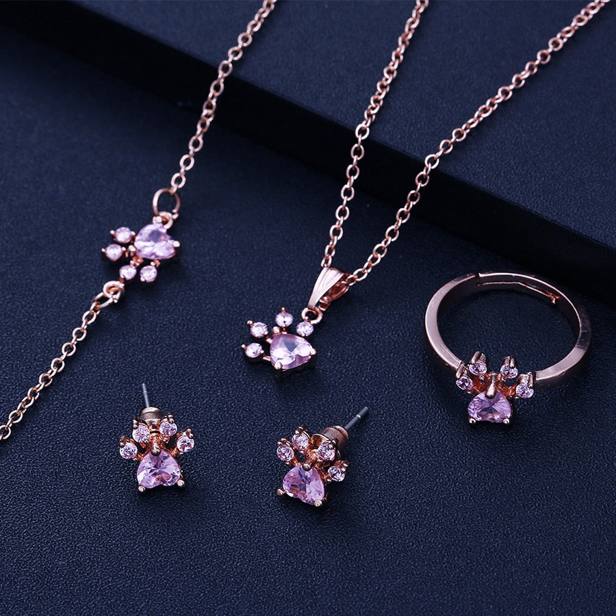 Elegant TALINA 4-Piece Rose Gold Jewelry Set with Paw & Zirconia Heart - Perfect Gift for Animal Lovers