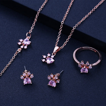 Elegant TALINA 4-Piece Rose Gold Jewelry Set with Paw & Zirconia Heart - Perfect Gift for Animal Lovers