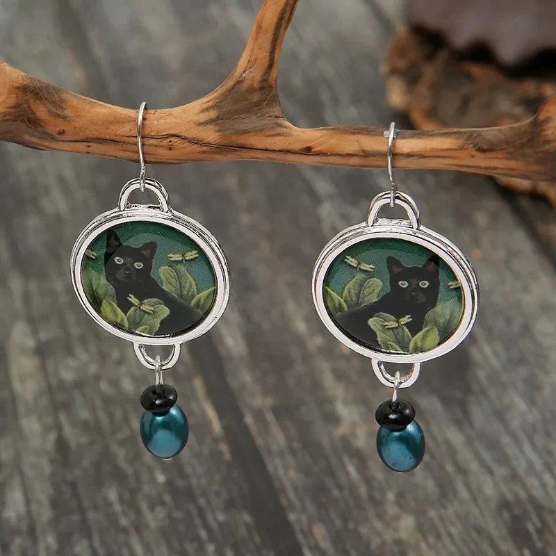 Midnight Elegance Cat Dangle Earrings
