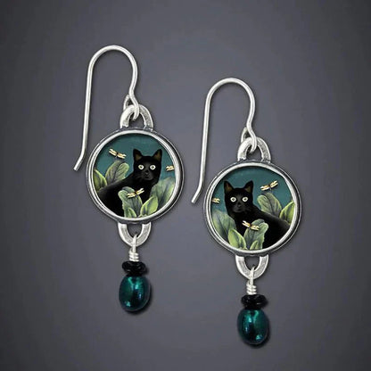 Midnight Elegance Cat Dangle Earrings