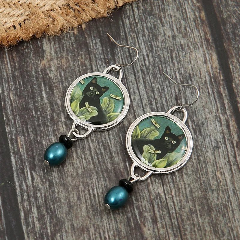Midnight Elegance Cat Dangle Earrings