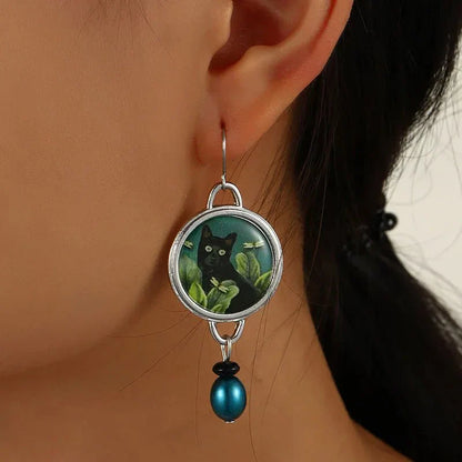 Midnight Elegance Cat Dangle Earrings